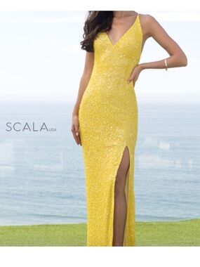 Scala Yellow Sequin V-Neck Slit Evening Gown